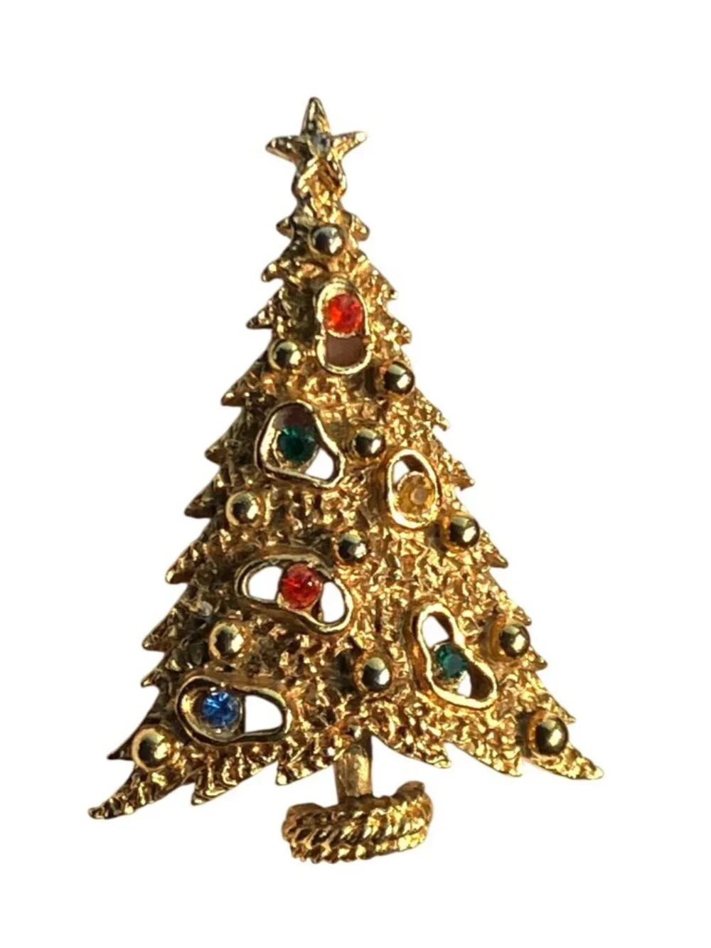 Gold Tone Christmas Tree Pin Brooch Multicolor Rhinestones Star Accent Signed
